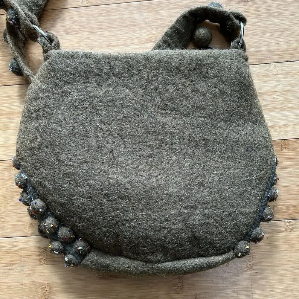 Rising Tide Wool Felted Shoulder Bag Purse Olive Green Artsy Handmade Zipper
